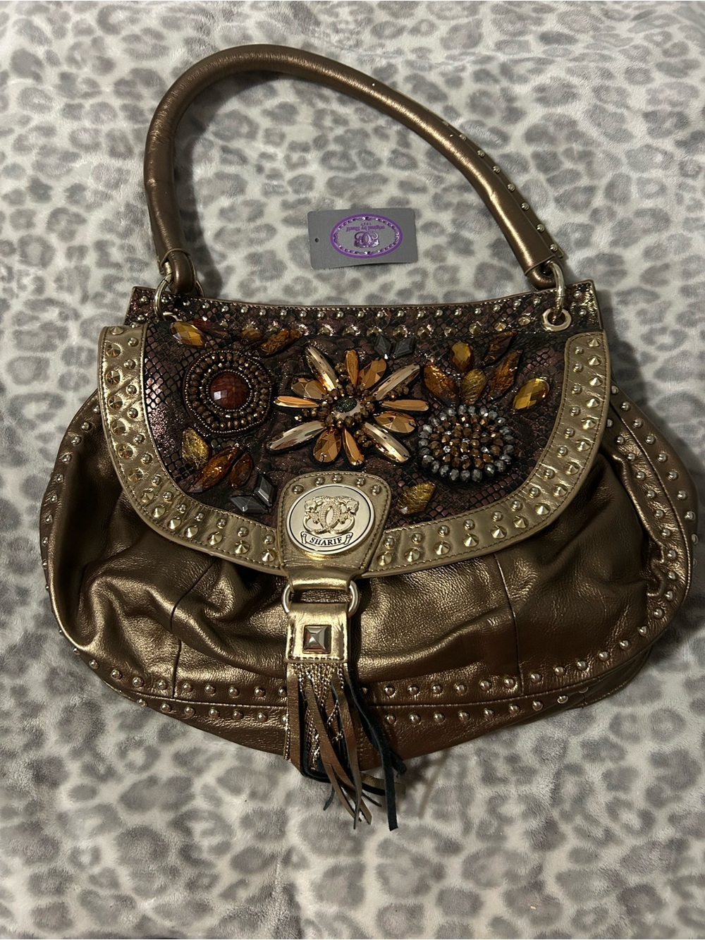 Sharif Metallic Brown Embellished Floral Shoulder Bag